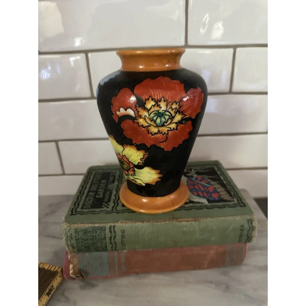 Orange Blue Red Poppy Black Flora Vase Japan Hand Painted 6.5”